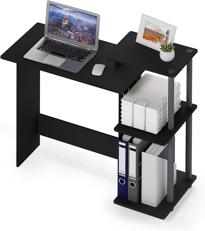 Furinno EFFICIENT Desk 28.6 Wide Gaming Desk with 3 Open Side Shelves Laptop Notebook Computer Desk Office Desk for Home Office Study Room Dorm Bedroom Solid Black