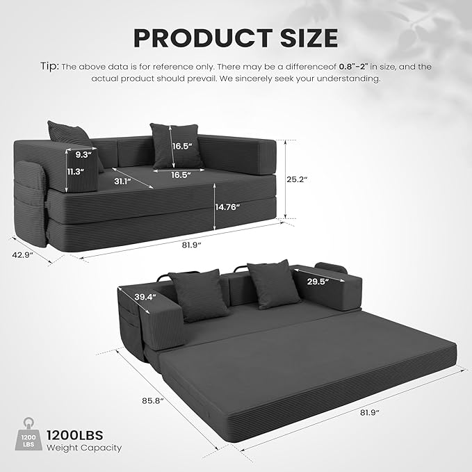 5‑in‑1 Futon Sofa Bed Queen – Floor Foldable Convertible Sofa Couch with L‑Shaped Armrests