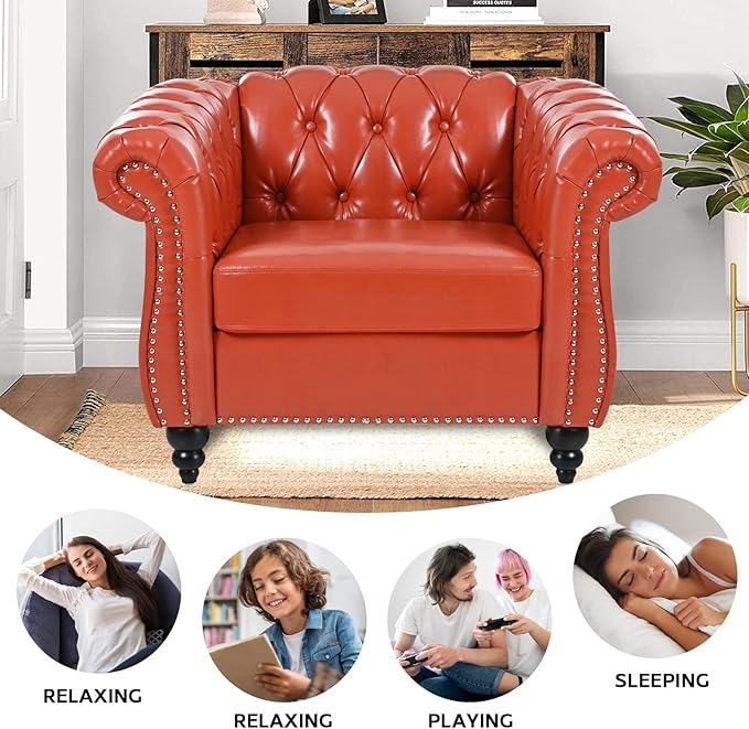 Orange Black Faux Leather Chesterfield Accent Chair with Tufted Upholstery Wingback Design &amp Club Style for Living Room Bedroom Office Furniture