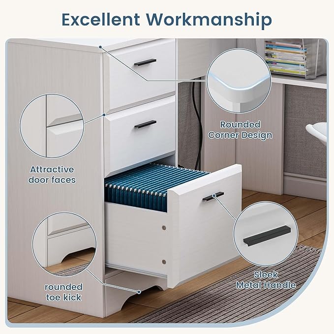 White L Shaped Desk with 3 Drawers 60 inch L Desk with Moveable Hutch and Power Outlet Large Home Office Corner Computer Desk with Storage File Cabinet