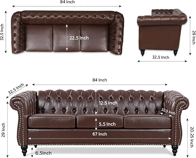 Chesterfield Sofa PU Leather Sofas for Living Room Rolled Arm 3-Seater Couch Deep Button Nailhead Upholstered Couches High-End Furniture 84 Easy to Assemble (Brown)