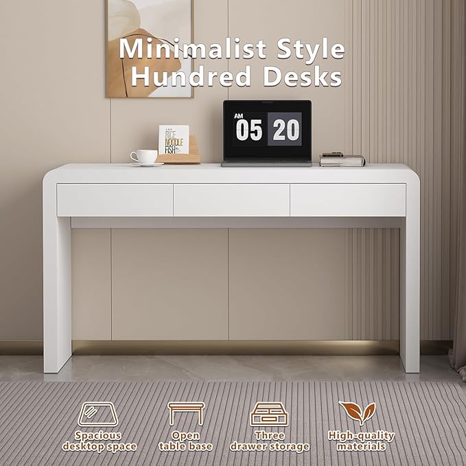 Executive Desk with Drawers White Computer Desk with Drawers with Three-Layer Lacquered Thick Wooden Board 55 inch Modern Home Office Desk for Study Living Room Bedroom