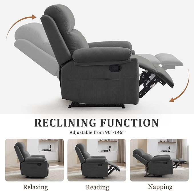Recliner Chair Manual Recliner for Adults with Side Pocket Small Recliners for Small Spaces Adjustable Comfy Overstuffed Corduroy Reclining Chairs for Living Room Reading Bedroom Grey