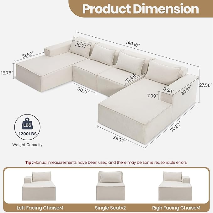 140 Modular Sectional Sofa U-Shaped Cloud Couch with Extra Long Chaise Lounge Oversized Chenille Boneless Sofa Set for Living Room Comfy Floor Seating No Assembly Required