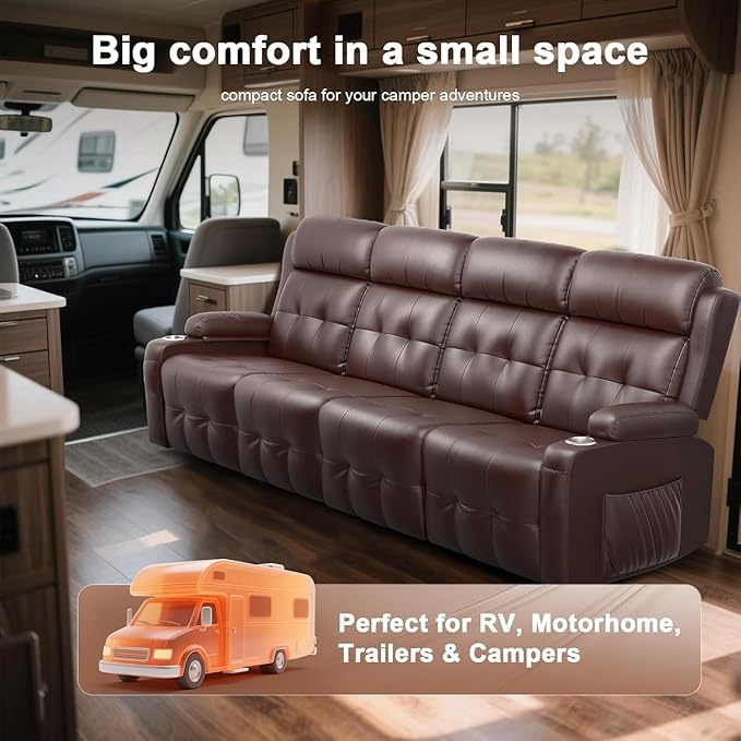 Reclining Couch 113 PU Leather Sofa Recliner with Massage - 4 Seat Home Theater Seating Comfy Soft Manual Wall Hugger Reclining with Lumbar Support Sofa Set for Family Living Room Brown