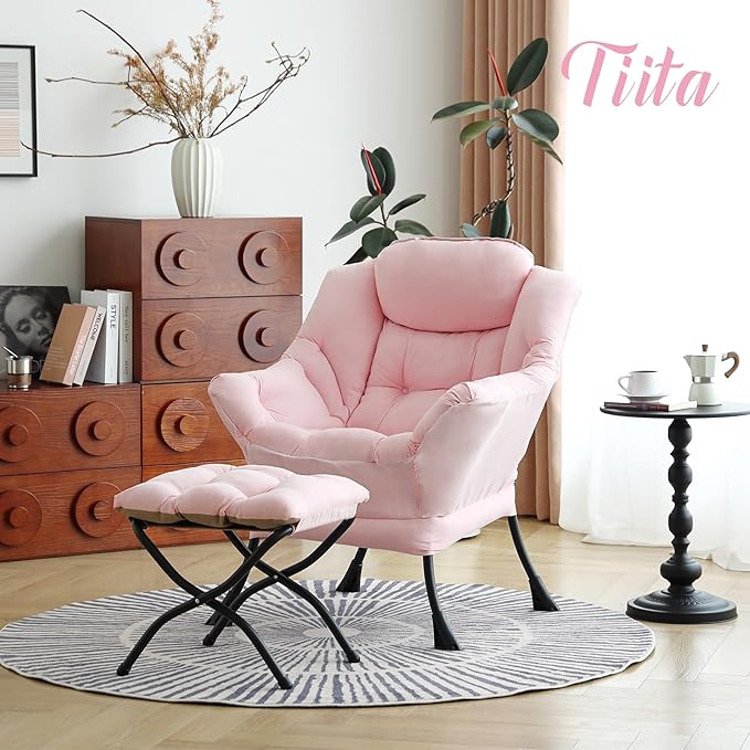 Tiita Lazy Chair with Ottoman Pink Modern Large Accent Chair Comfy Leisure Sofa Armchair with Ottoman Reading Chair with Footrest for Bedroom Living Room Dorm Rooms Pink