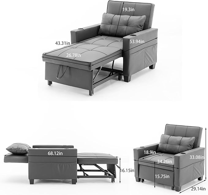 Futon Chair Bed Convertible Sleeper Chair3-in-1 Lazy Chair with USB PortsPull Out Chair Sleeper for Living Room Office Apartment (Linen Dark Grey)