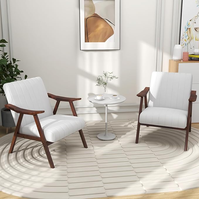 Giantex Mid-Century Modern Accent Chair Set of 2 Upholstered Comfy Living Room Chair with Arms Anti-Slip Felt Pads Wooden Frame Soft Padded Armchair for Living Room Bedroom Office Study Beige