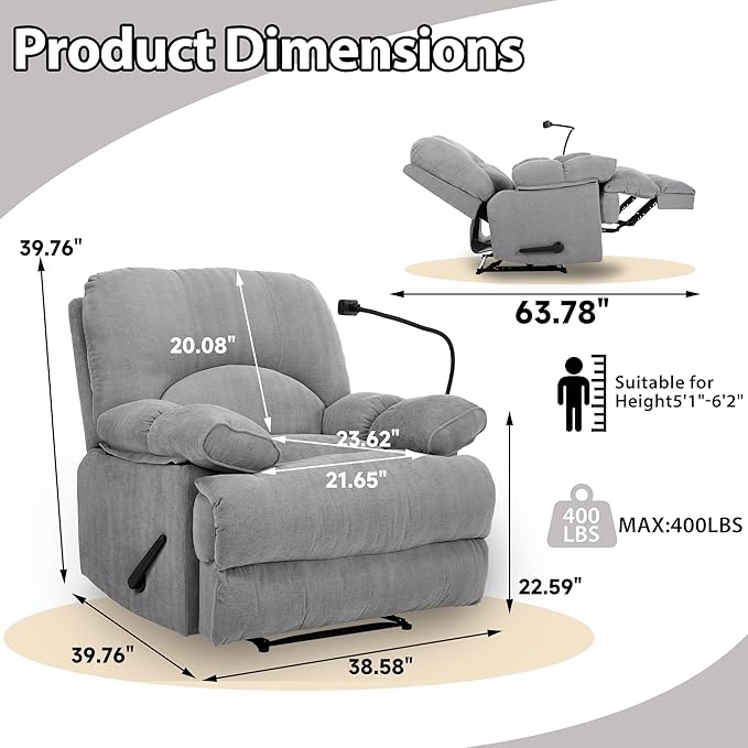 Oversized Recliner Chairs with Phone Holder Large Recliner Soft Fabric Overstuffed Big Man Recliner for Heavy Duty 400lbs Adults for Living Room Bedroom Nursery RV Grey