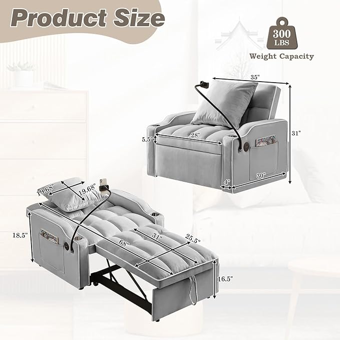 Convertible Sleeper Sofa Chair Bed 3 in 1 Velvet Single Small Futon Sofa Bed with Phone Holder &amp USB PortsPull Out Couch Recliner with Adjustable Backrest for Living Room Office Small Place(Gr