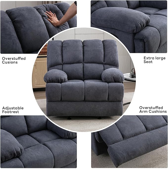 WILLOVE Oversized Rocker Recliner Chair Rocking Recliners Overstuffed Soft Big Man Manual Recliner Extra Large Living Room Chair 350 LBS Capacity Grey L