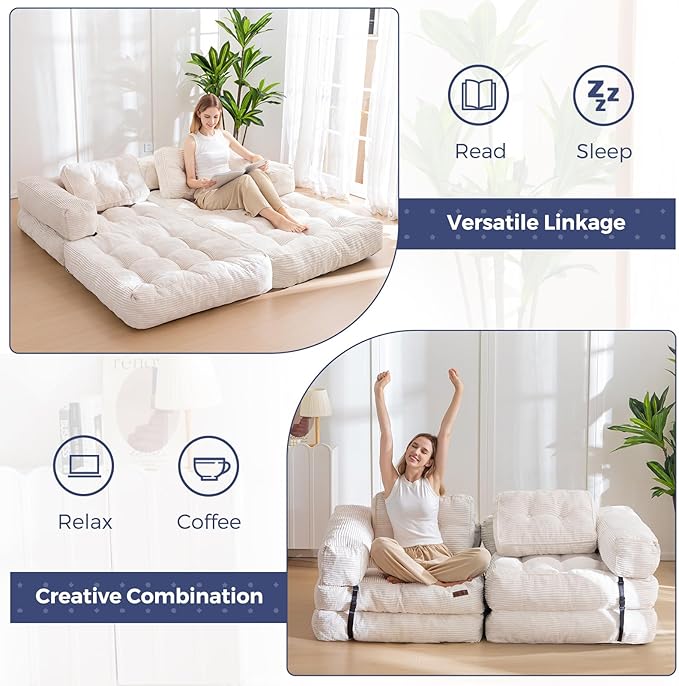 MAXYOYO Folding Sofa Bed L-Shaped Convertible Sofa Foldable Sleeper Couch with Pillow Portable Fold Out Chair Bed with Armrest Comfy Floor Lounge for Living Room Bedroom Beige