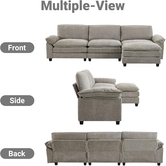 VINGLI 122 Cloud Double-Layer Deep Convertible Sectional Sofa Comfy L-Shape 3-Seat Couches for Living Room Modern Couch with Movable Ottoman for Small Space Light Grey Chenille