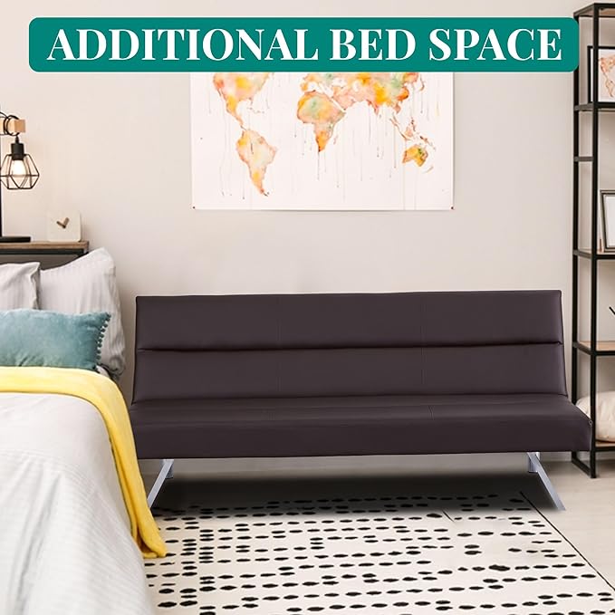 Naomi Home Futon Sofa Bed Faux Leather Futon Couch Modern Convertible Folding Sofa Bed Couch with Chrome Legs Reclining Mini Leather Small for Bedroom Living Room Espresso