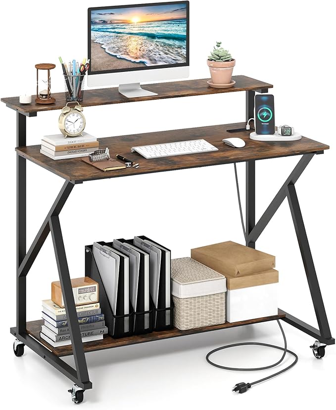 Giantex Rolling Computer Desk with Charging Station Mobile Portable Laptop Desk with Monitor Stand &amp Storage Shelf Small Desk with Lockable Wheels for Small Spaces Home Office (Rustic Brown)