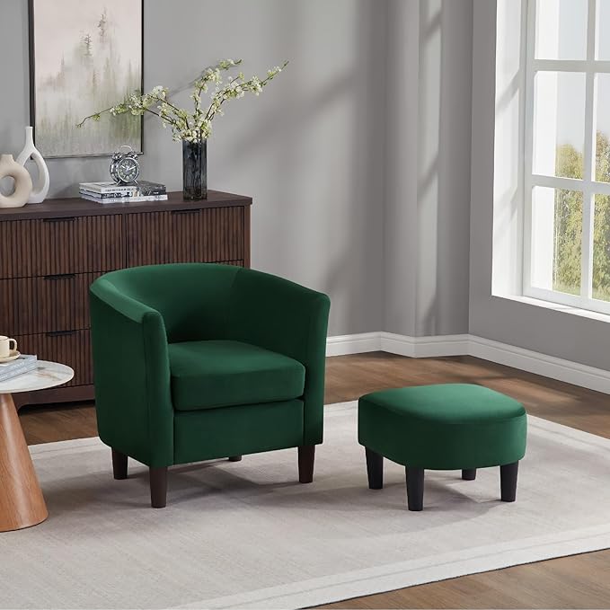 Velvet Accent Chair with Ottoman Modern Barrel Armchair Plush Lounge Chair for Living Room Bedroom Reading Nook 4 Colors (Green)