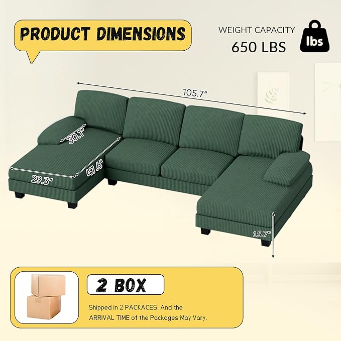 JUMMICO Sectional Couches for Living Room U Shaped Couch with Chenille Fabric 4 Seat Modern Sofa with Removable Pillows for Apartment and Small Space (Corduroy Light Green)