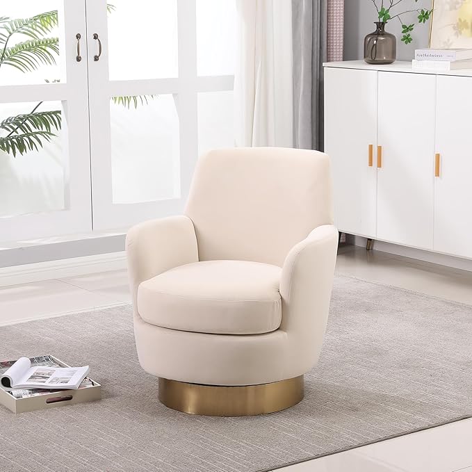 360° Swivel Barrel Accent Chair Comfy Round Accent Chairs with Gold Iron Base &amp Dual-Layer Cushion Modern Lounge Reading Armchair Upholstered Sofa Chair for Living Room Bedroom(Velvet Beige)