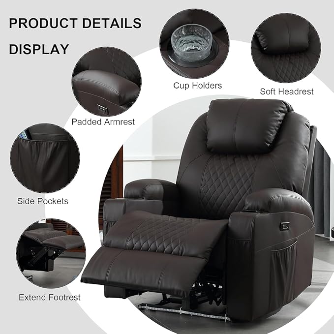 Power Recliner Chair with Heat and Massage PU Leather Home Theater Seating with LED Lights/Cup Holders/Side Pocket/USB Port Reclining Sofa Chair for Living Room(2 Brown)