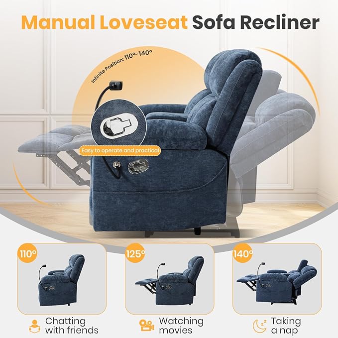 Loveseat Recliner Sofa Reclining Loveseat with Console RV Wall Hugger Double Loveseat Recliner Couch for Living Room &amp Home Theater (Blue)
