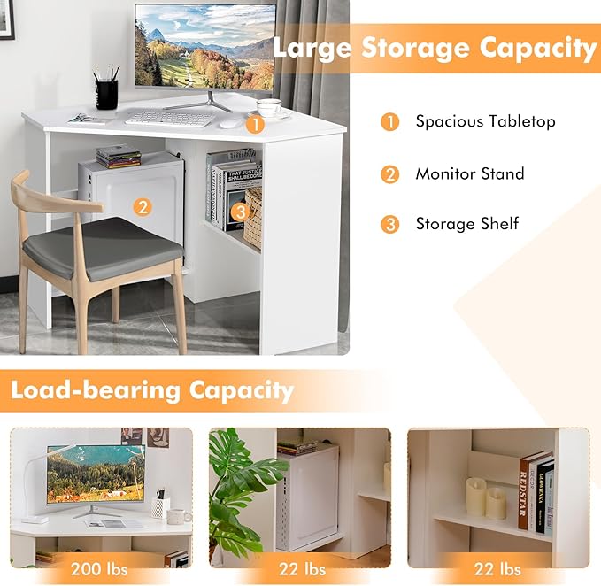 COSTWAY Corner Computer Desk Space-Saving Triangular Writing Desk w/ 2 Storage Shelves &amp 2 Cable Holes Multi-Functional Console Table for Small Space in Home Office Living Room Bedroom (White)