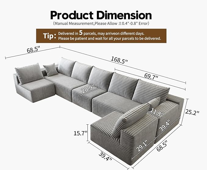 168.5 Cloud Sectional Sofa for Living Room Plush Corduroy Cover Fluffy Memory Foam Cushions No Assembly Required U Shaped Modular Chaise Lounge Oversized Comfortable Couches Set Grey