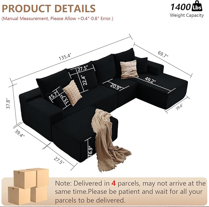 135.4 Modular Sectional Sofa with Ottoman Modern Corduroy Cloud Couch with Deep Seat Boneless Couch Upholstered 4-Seater U-Shaped Sofa for Living Room No Assembly (Black Right-Facing Chaise)