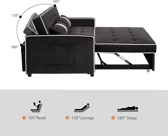 Loveseat Sleeper Sofa 3 in 1 Convertible Sofa Bed Adjustable Backrest Comfy Pull Out Couch Modern Upholstered Sofa for Living Room Bedroom Apartment Small Space (Black 1)