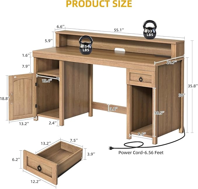 DWVO Farmhouse Office Desk with Drawer &amp Power Outlets Rattan Computer Desk w/LED Strip &amp Monitor Stand for Bedchamber Study Home Office Table w/Storage Cabinet for Working Writing Gaming (O