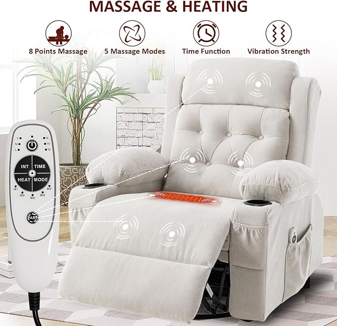 Rocker Swivel Recliner Chair with Massage and Heat Rocking Nursery Recliners Overstuffed Lounge Chair for Living Room Manual Recliner Mid Century Sofa Chairs with Cup Holders White
