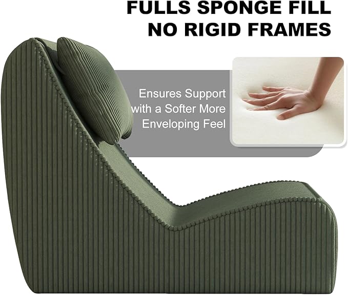 Giant Bean Bag Chair for AdultsCorduroy Chaise Lounge with Unrivaled Back Support Detachable Neck Pillow Comfortable Ottoman &amp Washable Cover for Living Room Bedroom Garden (Olive Green)