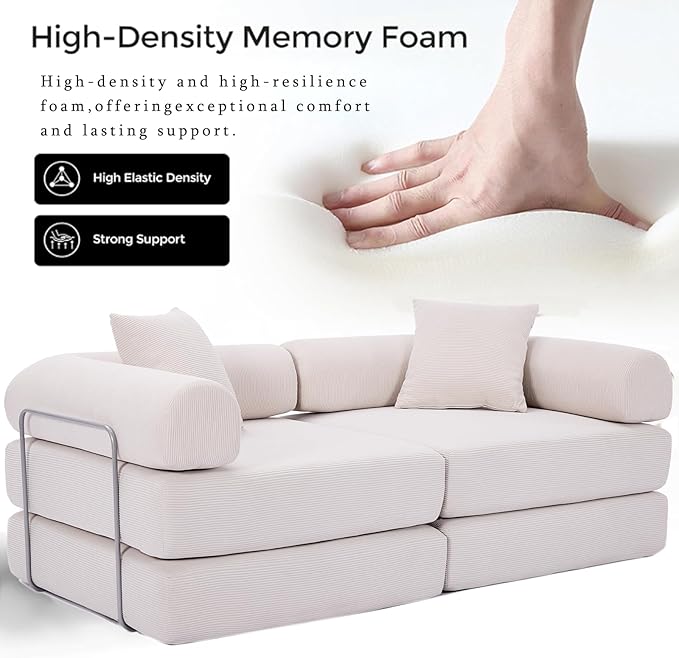 Convertible Modular Couch Sofa Bed 4 in 1 Sleeper Floor Sofa with Folding Mattress Corduroy Fold Out Boneless Couch Bed with 2 Pillows Comfy Foldable Lounge for Living Room Bedroom Beige