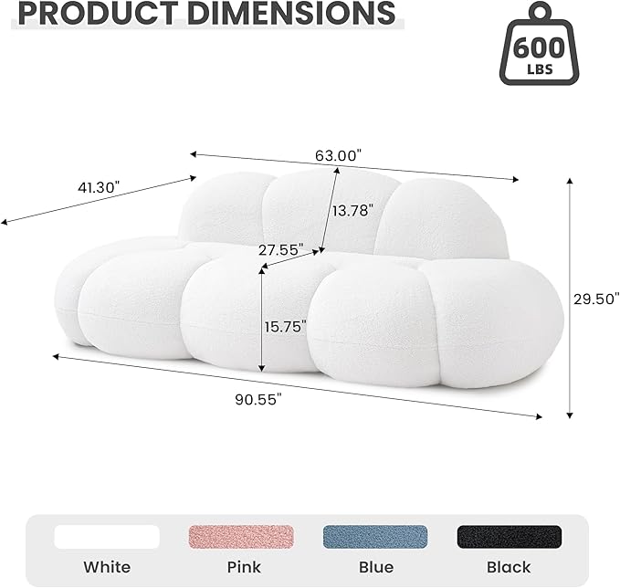 Floor Couch Modern Curved Loveseat Sofa Lazy Sofa Round Floor Sofas Cloud Memory Foam Couches for Living Room Apartment Small Spaces (No Assembly White)