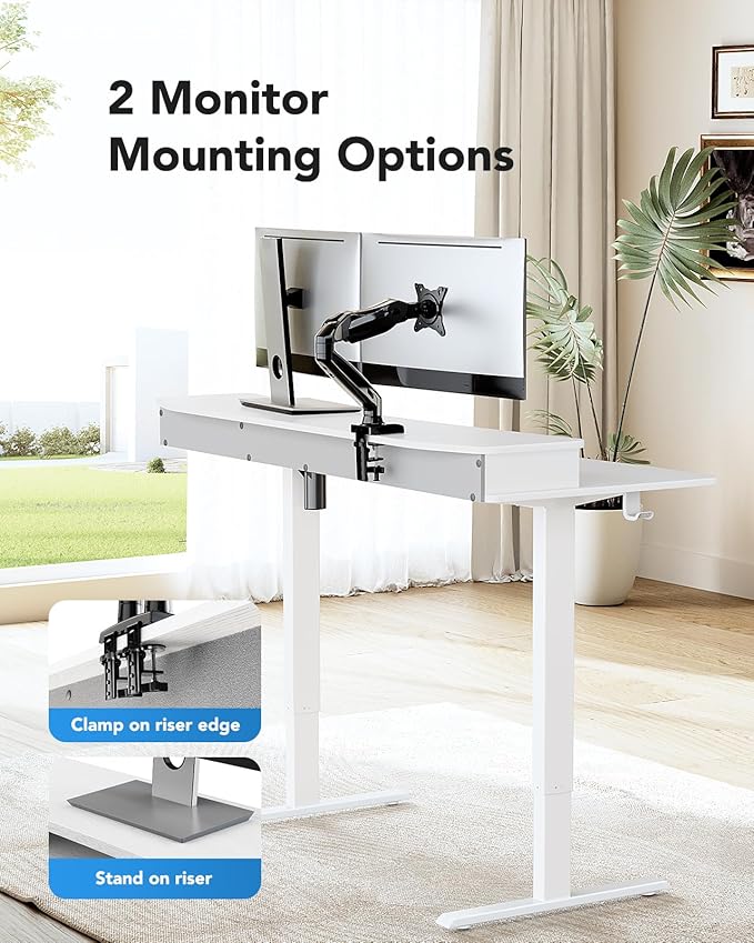 HUANUO 60″ x 30″ Electric Standing Desk with 2 Drawers C-Clamp Mount Compatible Height Adjustable Computer Desk Home Office Stand Up Desk with 4 Preset Heights &amp 2 Hooks White
