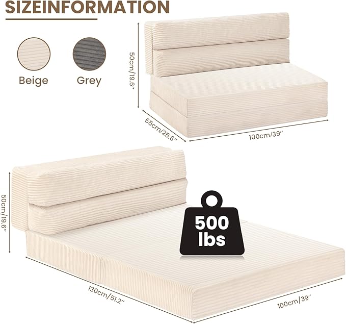 Folding Sofa Bed Convertible Sleeper Chair with Pilow Foldable Matress 2 in 1 Pull Out Loveseat Sofa Portable Fold Out Chair Bed Floor Couch Lounge for Living Room Bedroom (Beige Twin)