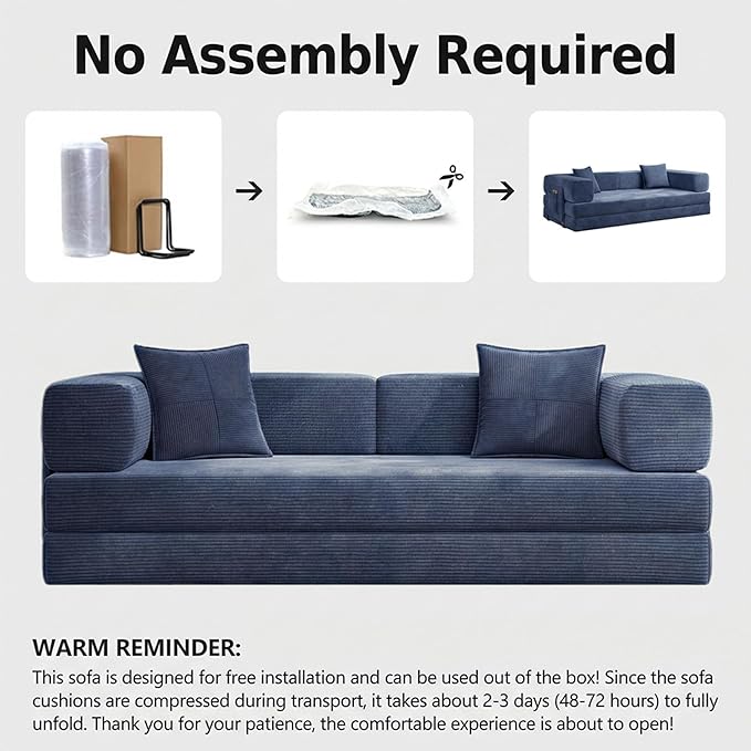 78.8 Boneless Sleeper Sofa BedConvertible Futon Couch with Storage Pocket and 2 PillowsModular Corduroy Sofa for livingroomSmall speaceBlue