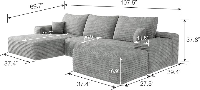 107 Cloud Modular Sectional Sofa with Movable Ottoman Comfy Boneless Sectional Couches for Living Room Fluffy Corduroy U Shape Floor Lounge Sofa Couch with Left Chaise Daybed