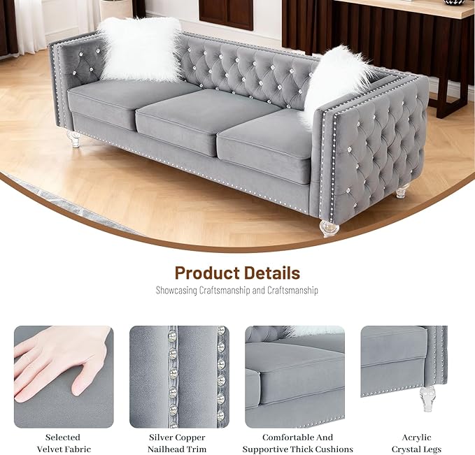 Luxury 3 Seater Sofa Couch with Acrylic Crystal LegsChesterfield 3-Seater SofasModern 83 Diamond Button Tufted 3 Seat Couches with Silver Nailhead Trim for Living Room (Gray 3 Seater)