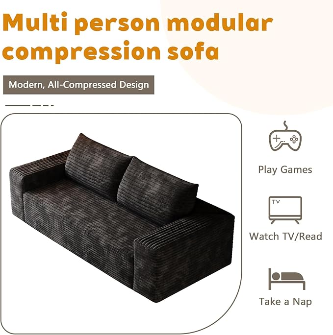 63 Sofa in a Box Compressed Boneless Couch with Wide Armrests &amp 2 Cushions Cloud loveseat Sofa for Living Room Memory Foam Deep Seat Corduroy Fabric No Assembly (Black 2)