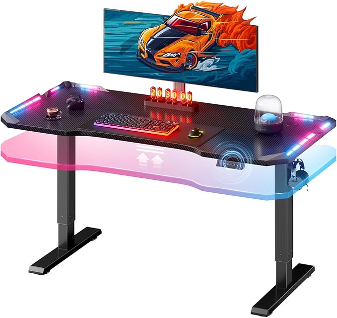 HLDIRECT Gaming Standing Desk with LED Lights 63 Inch Electric Height Adjustable Table with Headphone Hook Carbon Fiber Surface Sit Stand Gamer Desk Computer Workstation for Bedroom Home Black