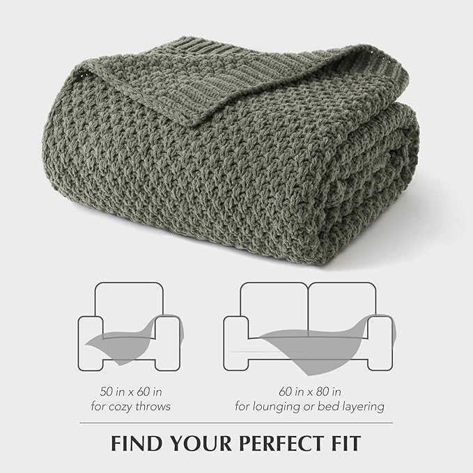 EVERGRACEHOME Chunky Chenille Knit Throw Blanket for Couch Soft Luxurious Moss Stitch Blankets for Bed Cozy Decorative Farmhouse Knitted Throws for Sofa Dried Thyme Green 50 x 60