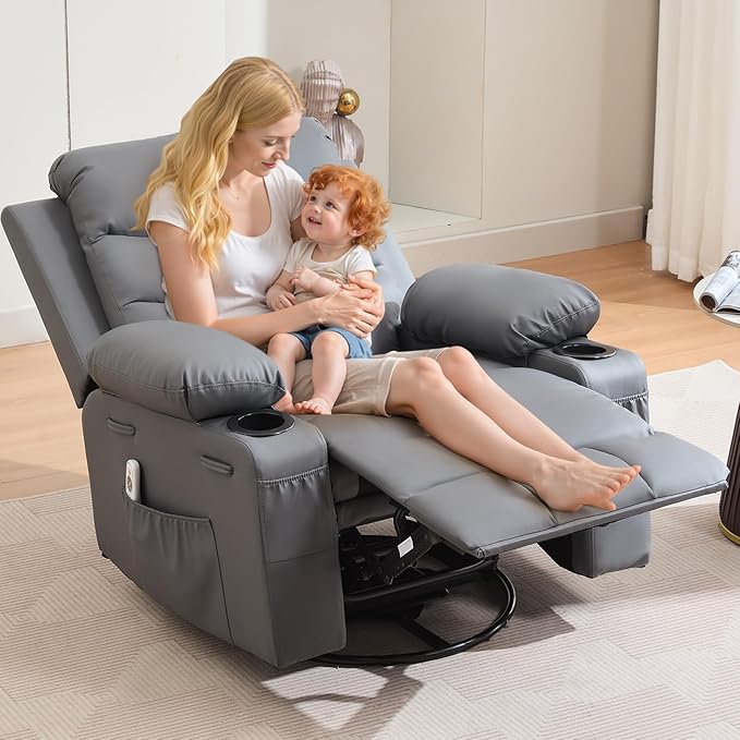 Recliner Chair Nursery Manual Rocking Recliner with 360 Swivel Cup Holder Massage and Heating Compact Single Sofa Chair for Adults Living Room Bedroom