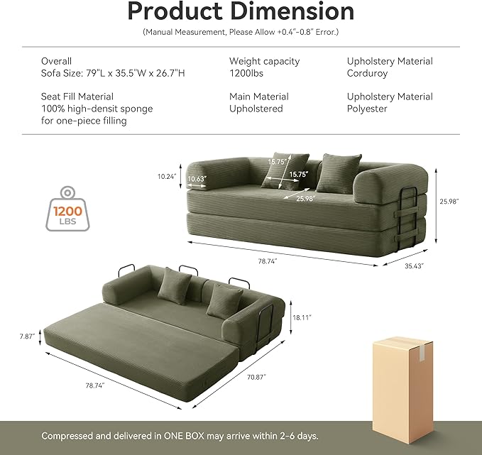 Sleeper Sofa Comfy Convertible Folding Couch-Futon-Corduroy Fabric Sleeper Sofa Bed with 2 Pillow Removable Soft Cushion for Small Living Room Dorm/Bedroom/College/Office (Light Green)