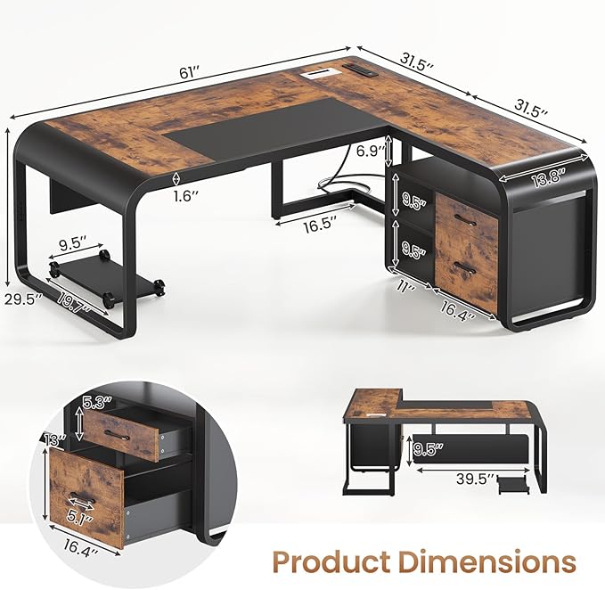 SEDETA 61 Inch Executive Desk Large Office Desk with File Drawer L Shaped Desk with Drawers Computer Desk with Mobile CPU Stand Storage Shelves Power Outlets for Home Office Rustic Brown