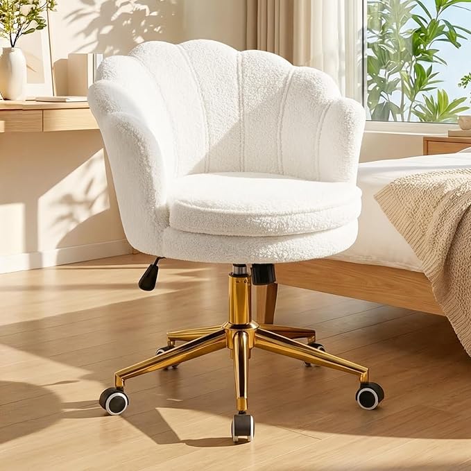Vanity Chair with Back and Wheels Faux Fur Cute Home Office Desk Chair Upholstered with Gold Base and Petal Arm Comfy Makeup Chair Swivel Adjustable for Task Living Room Bedroom White