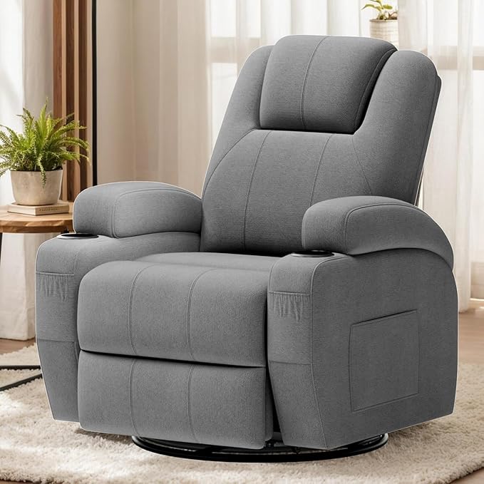 Flamaker Swivel Rocker Recliner Chair with Vibration Massage 360° Swivel Recliner Chairs for Adults Ergonomic Lounge Chair with Cup Holders Lazy Boy Recliner Single Sofa Seat (Fabric Gray)