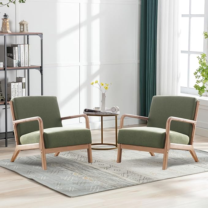 ANJ Mid Century Modern Accent Chairs Set of 2 Comfy Fabric Reading Chair with Solid Wood Frame Easy Assembly Armchair for Living Room Blackish Green 2