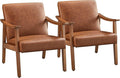 Yaheetech PU Leather Accent Chair Mid-Century Modern Armchair with Solid Wood Legs Reading Leisure Chair for Living Room Bedroom Waiting Room Light Brown Set of 2