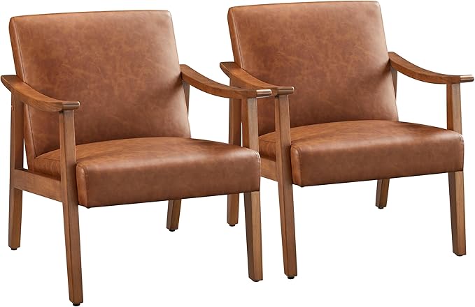 Yaheetech PU Leather Accent Chair Mid-Century Modern Armchair with Solid Wood Legs Reading Leisure Chair for Living Room Bedroom Waiting Room Light Brown Set of 2