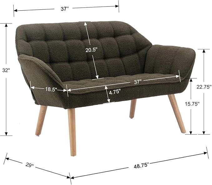 48”Small Loveseat Sofa Modern Sherpa Upholstered Mini Couch 2-Seater Fluffy Love Seat with Quilting Backs and Wood Legs for Small Space Living Room Bedroom Green